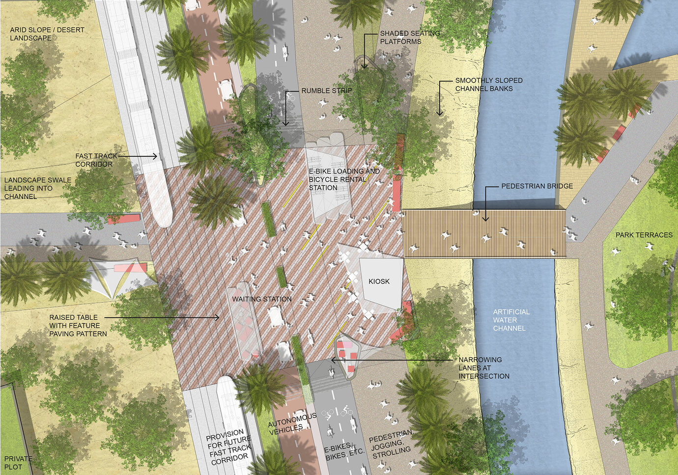 Gestaltungsdetail in der zentralen Grünachse, mit Tram Haltestelle, Fuß- und Radwegesystem und Entwässerungskanal
