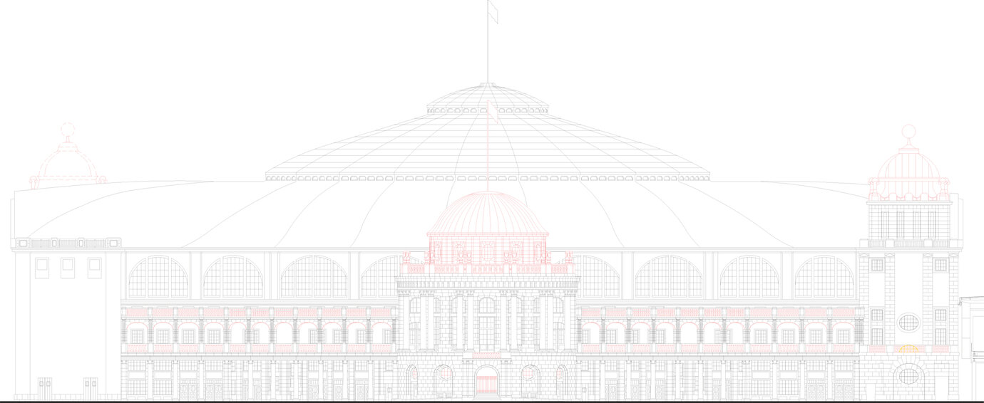 Rotunde Nordansicht bestand und Rekonstruktionsmaßnahmen (rot)
