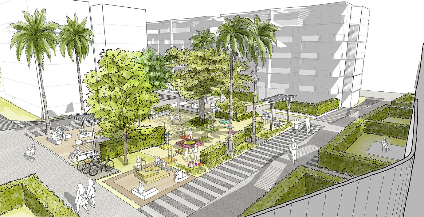 Skizze Nachbarschaftspark und angrenzende Living Street im Apartmentcluster