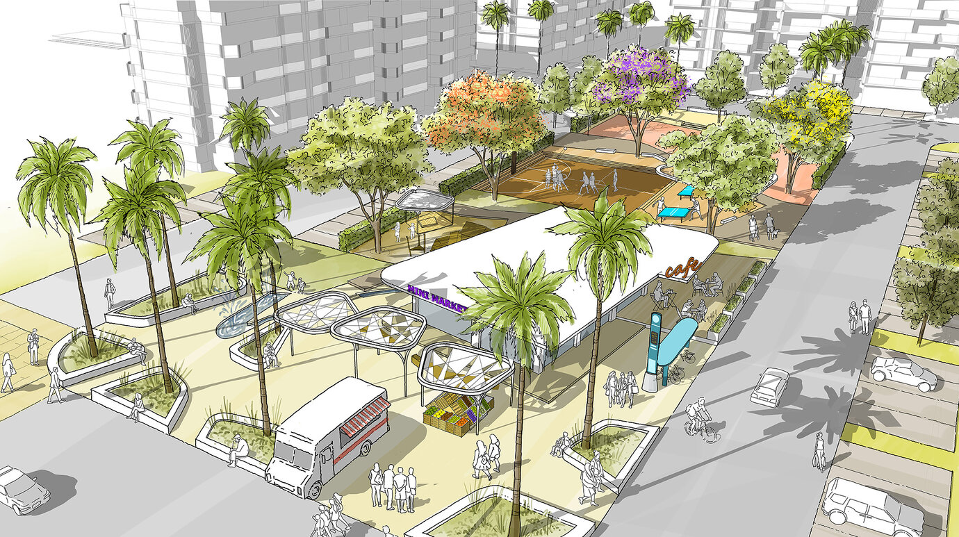 Skizze Nachbarschaftspark mit Kiosk und Café, Spiel- wie auch Sportflächen sowie einem multifunktionalen Platz für Veranstaltungen