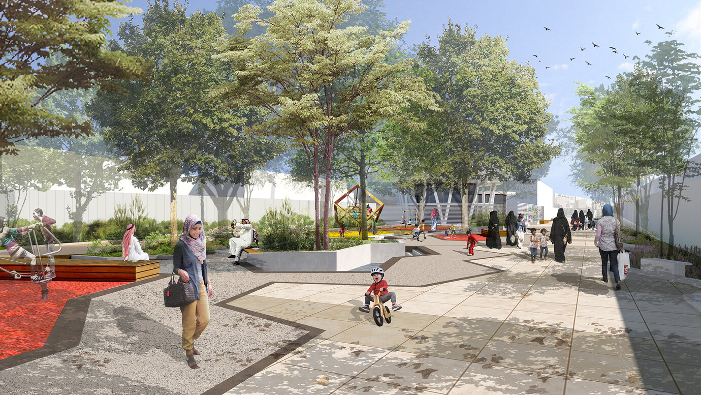 Visualisierung einer Pedestrian Spine mit Spielplatz und Kindergarten im Hintergrund