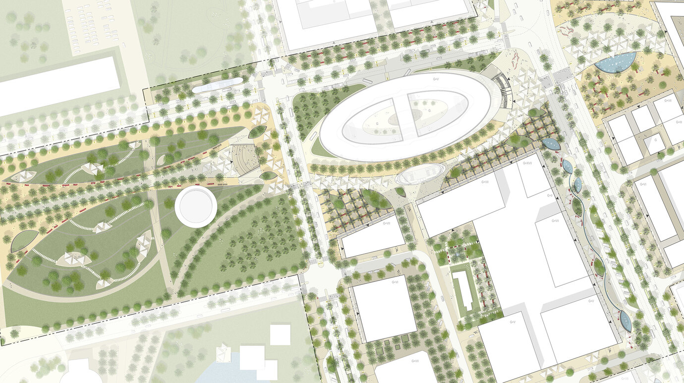Planausschnitt des Vertiefungsbereiches im Umfeld der neuen METRO Station und Busterminal mit detaillierter Darstellung der Gestaltung des öffentlichen Raumes