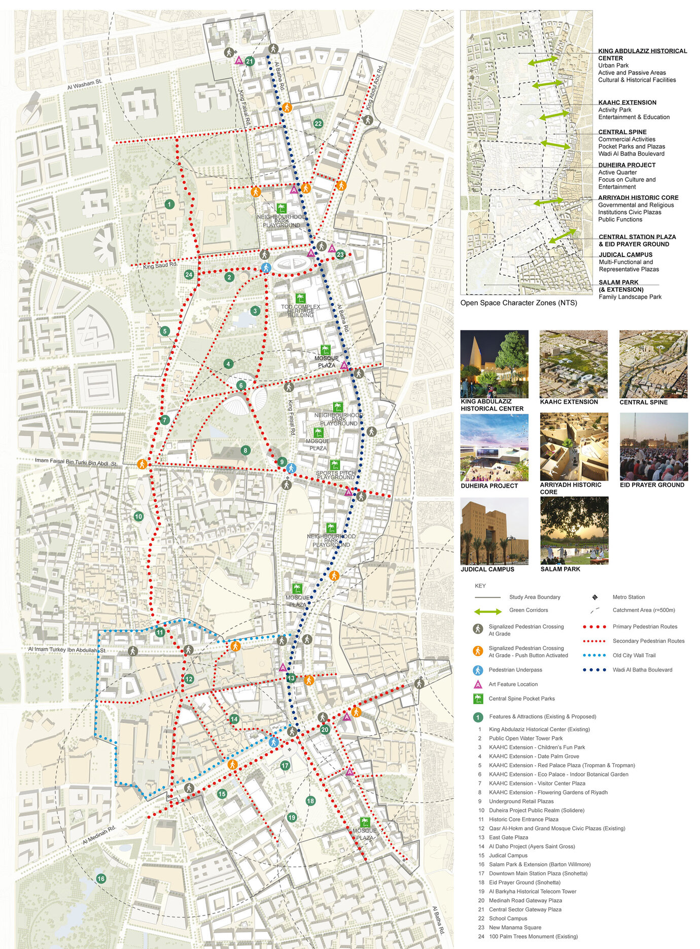 Freiraumkonzeptplan mit Darstellung des vorgeschlagenen Fußgängernetzwerkes, sowie der Verortung geplanter Parks und besonderer Attraktionen