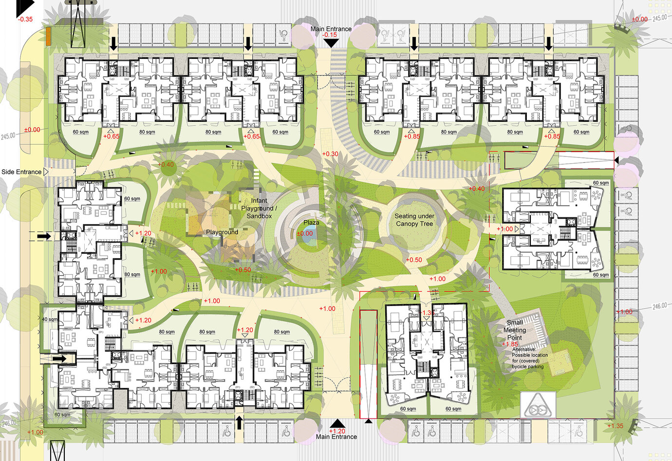 Lageplan Apartmentcluster mit Innenhof für ein vielfältiges Nutzungsangebot für die Bewohner, gestaltet in einer spezifischen Formsprache