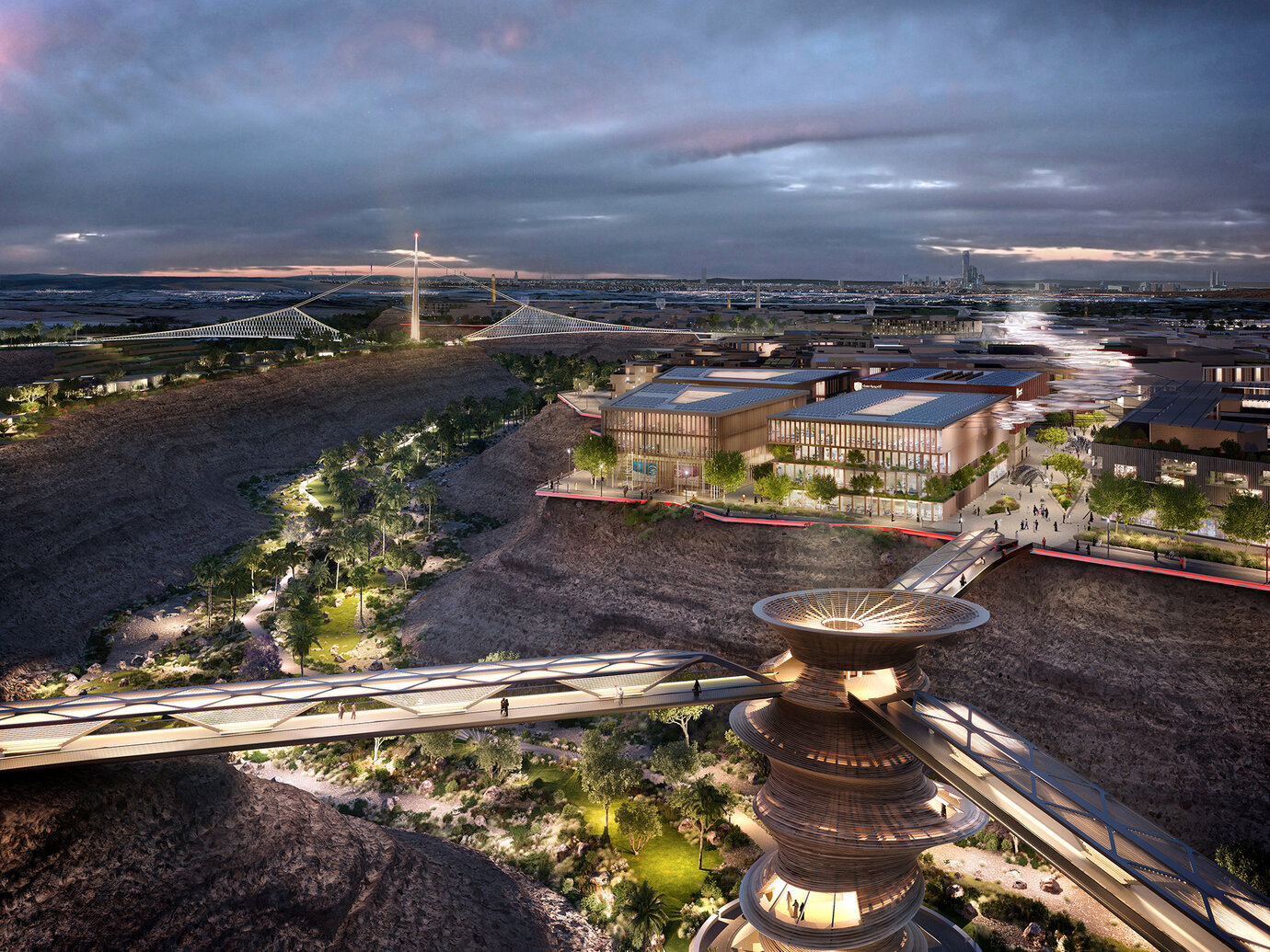 Die Mohammed Bin Salman Nonprofit City mit den Brücken Forum Bridge und Lighthouse Bridge
